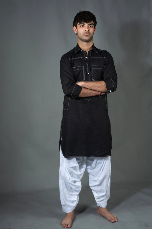 Linea Pathani Set - Black on White